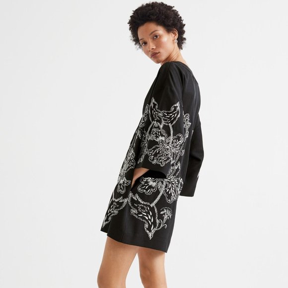 H&M Kimono Short embroidered kaftan linen blend‎ black kaftan v-neck dress Small - Picture 3 of 6